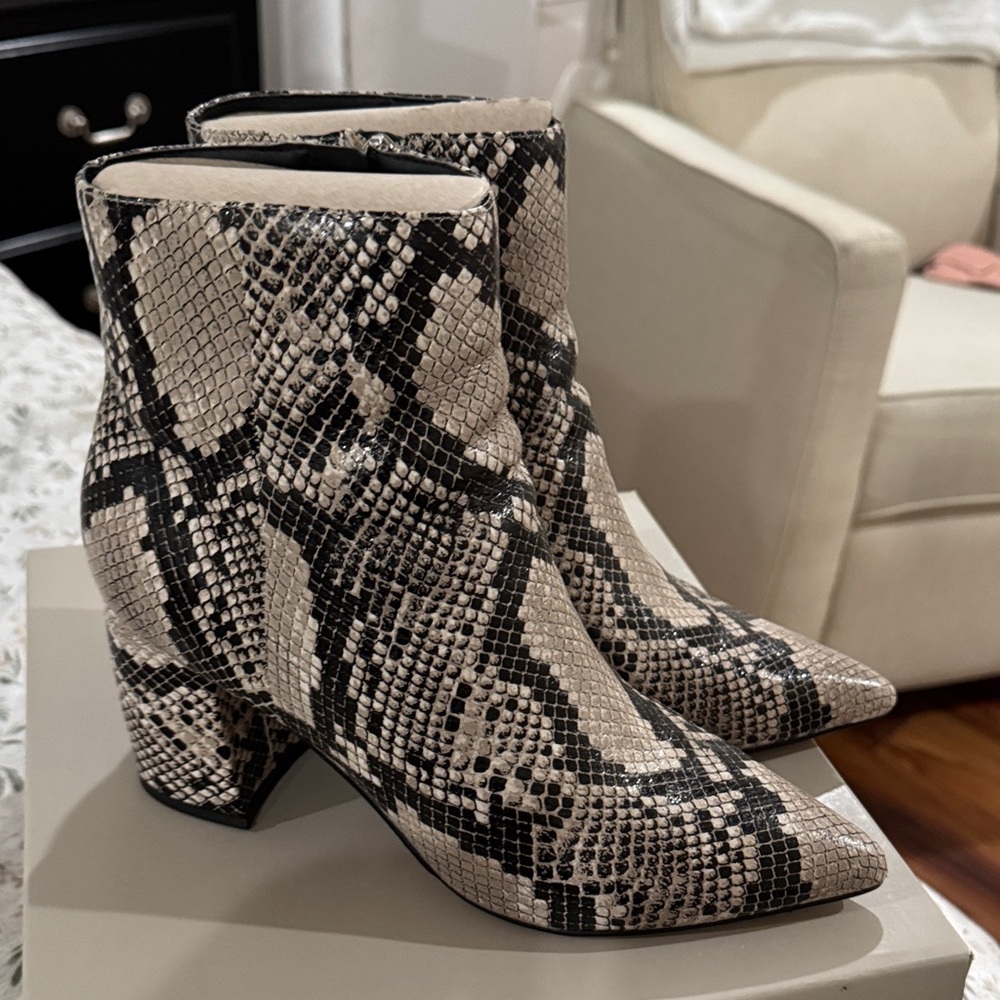 Marc Fisher Black and Cream Snakeskin Ankle Boots